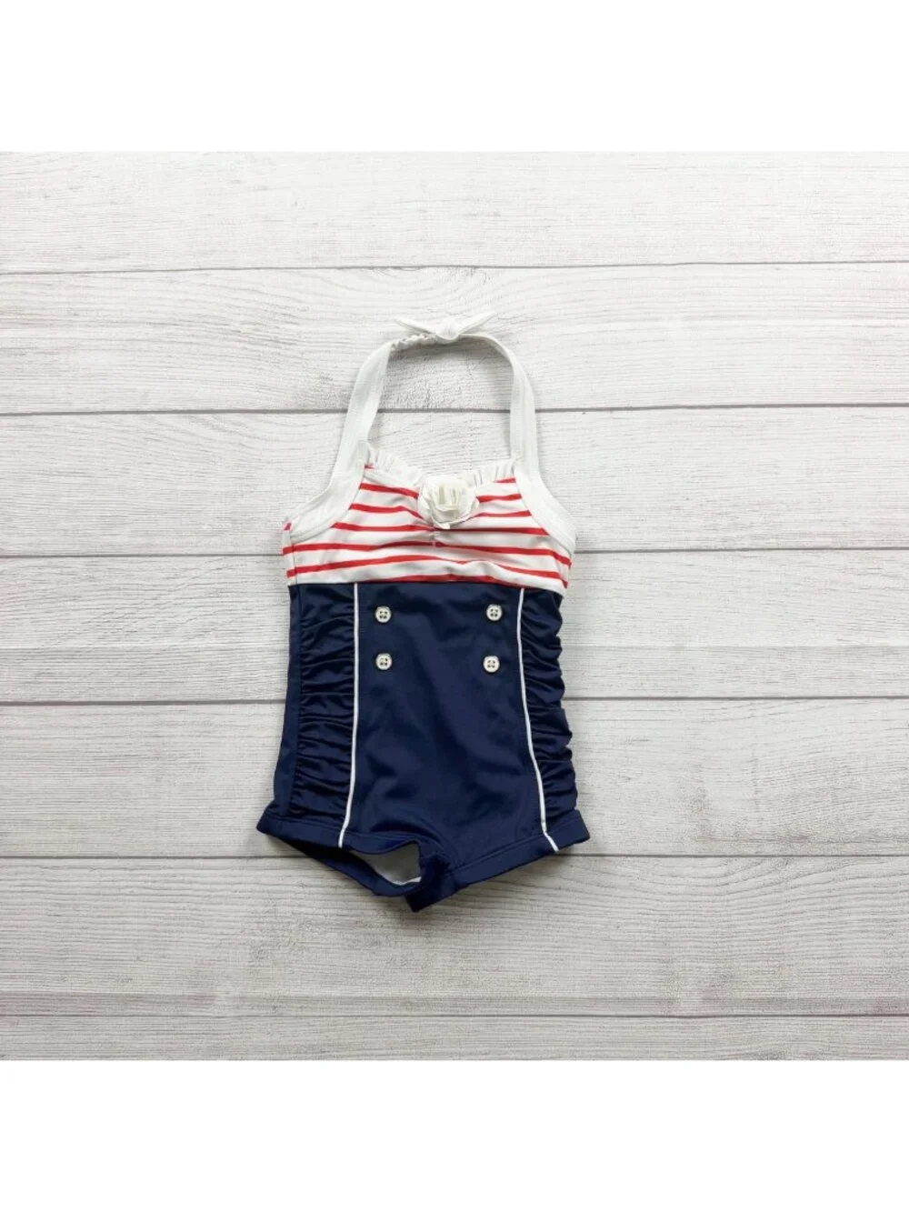 Janie And Jack Girls Navy White Red Sailor Striped One Piece Swimsuit 2T